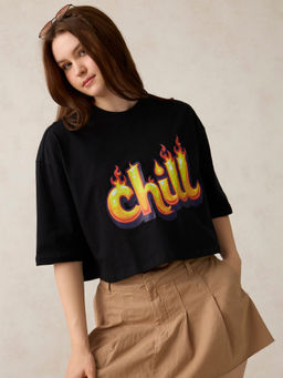 Outzidr - Black Cotton Graphic Cropped Boxy Casual Wear T-Shirt