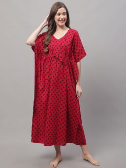Secret Wish - Women's Red Cotton Kaftan with Polka Dot Print