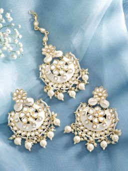 Peora - White Meenakari Kundan Dangle Earrings & Maangtikka Set