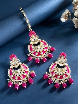 Peora - Magenta Kundan Studded Gold Plated Dangle Earrings & Maangtikka Set