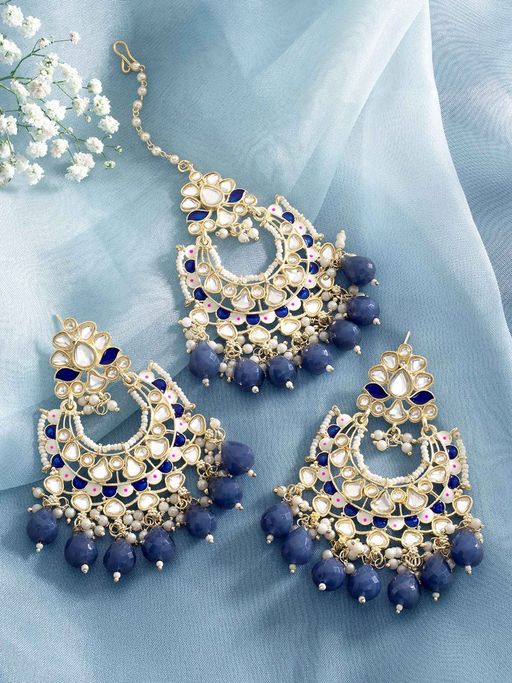 Maang Tikka Navy Blue Earring Adi Gold Plated Blue Kundan And