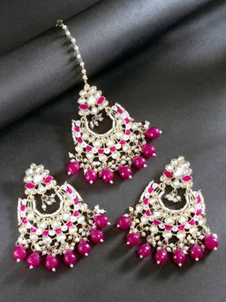 Peora - Gold Plated Magenta Kundan Dangle Earrings & Maangtikka Set