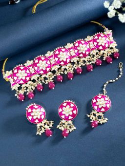Peora - Magenta Meenakari Kundan Choker Necklace Earrings Maangtikka Set