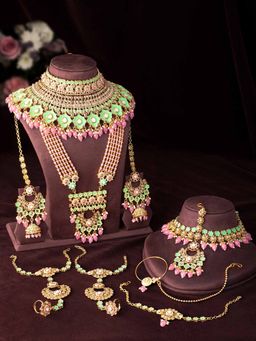Peora - Gold Plated Pink Mint Meenakari Bridal Jewellery Set