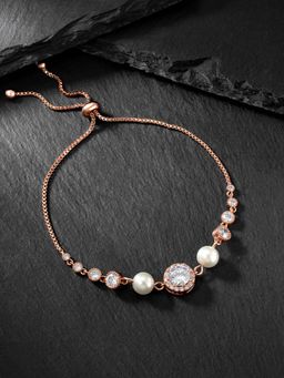 Peora - Cubic Zirconia Pearl Studded Rose Gold Plated Adjustable Charm Bracelet