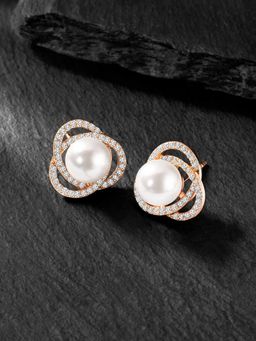 Peora - Rose Gold Plated White Pearl & CZ Stud Earring