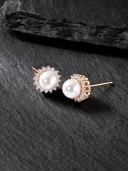 Peora - Rose Gold Plated White Pearl & CZ Stud Earring Set