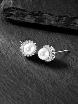 Peora - Silver Plated White Pearl & CZ Stud Earring Set