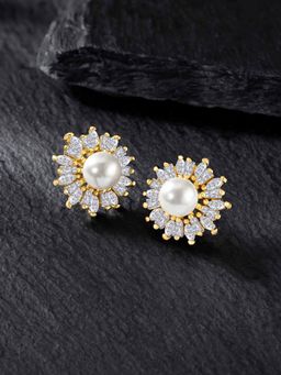 Peora - Gold Plated White Cubic Zirconia Pearl Stud Earring Set