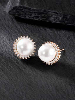 Peora - Rose Gold Plated White Pearl CZ Stud Earring Set