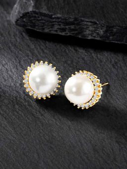 Peora - Gold Plated White Pearl CZ Stud Earring Set