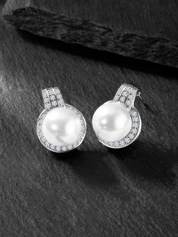 Peora - Silver Plated White CZ Pearl Stud Earring Set