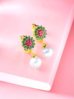 Peora - Green & Pink Pearl Dangle Cubic Zirconia Gold Plated Hoop & Drop Earring
