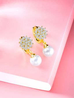 Peora - Gold Plated Cubic Zirconia & Pearl Studded White Hoop & Drop Earring