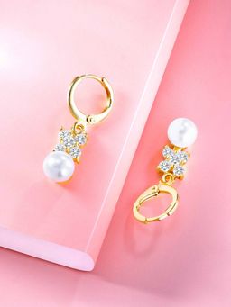 Peora - Gold Plated White Pearl & Cubic Zirconia Studded Hoop & Drop Earring Set