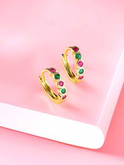 Peora - Gold Plated Pink Green Cubic Zirconia Studded Hoop Earring Set