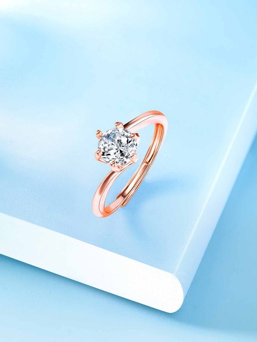 Peora Rose Gold Plated CZ Solitaire Adjustable Finger Ring