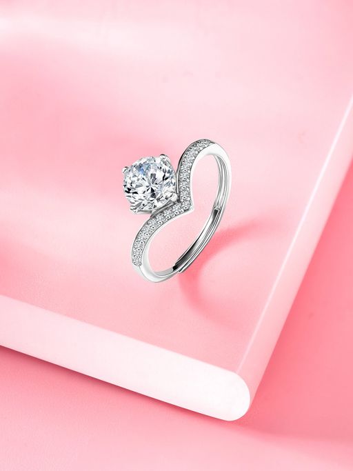 Peora CZ Silver Plated Solitaire Adjustable Finger Ring