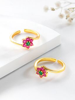 Peora - Gold Plated Pink Green Cubic Zirconia Studded Adjustable Toe Ring