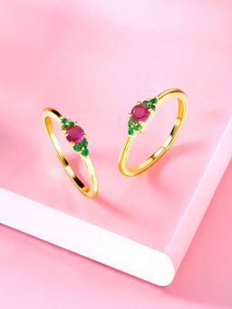 Peora - Gold Plated Rani Pink Green Cubic Zirconia Studded Adjustable Toe Rings