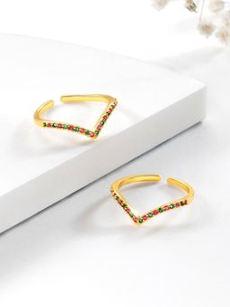 Peora - Gold Plated Rani Pink Green Cubic Zirconia Studded Toe Rings