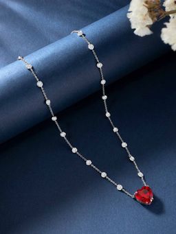 Peora - Silver Plated Cubic Zirconia Red Heart Shape Pendant Chain