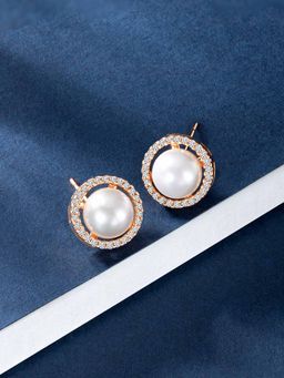 Peora - Rose Gold Plated White Cubic Zirconia & Pearl Round Stud Earrings