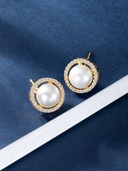 Peora - Gold Plated Cubic Zirconia & Pearl Round Stud Earrings