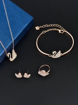 Peora - Cubic Zirconia Rose Gold Plated Swan Pendant Chain Bracelet Earrings Ring Set