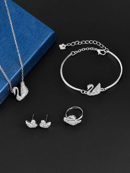 Peora - Cubic Zirconia Silver Plated Swan Pendant Chain Bracelet Earrings Ring Set