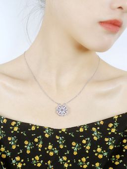 Peora - Silver Plated American Diamond Flower Shape Pendant Rolo Chain