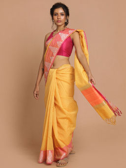 Indethnic - Banarasi Mustard Checked Daily Wear Saree With Unstitched Blouse