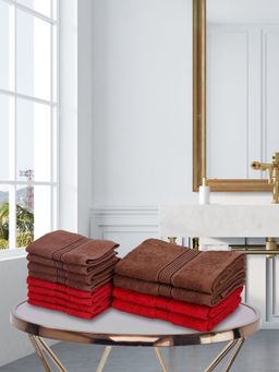 KOPA - 12Pc Quick Dry 100% Cotton Soft Terry Towel -4Pc Hand, 8Pc Face D'Ross Solid-Brown, Red