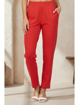 Aurelia - Red Solid Cotton Blend Slim Fit Pant