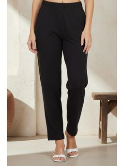 Aurelia - Black Solid Cotton Blend Straight Pant