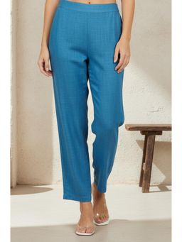 Aurelia - Women's Blue Solid Ankle Length Rayon Slub Cigarette Pants