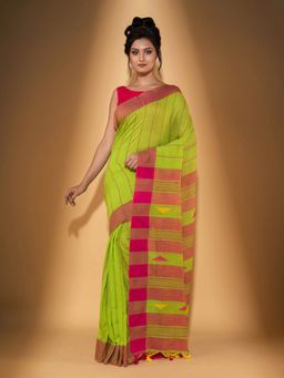 Beatitude - Green Handspun Cotton Woven Saree with Unstitched Blouse