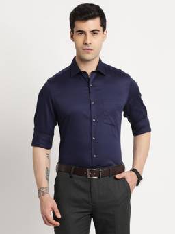 Turtle - Men Pure Cotton Slim Fit Solid Navy Blue Formal Shirt