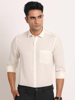 Turtle - Men Cotton Linen Slim Fit Solid Cream Formal Shirt