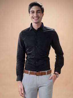 Turtle - Men Cotton Linen Slim Fit Solid Black Formal Shirt