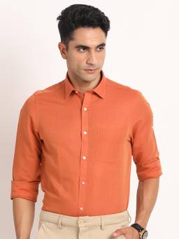 Turtle - Men Cotton Linen Slim Fit Solid Orange Formal Shirt