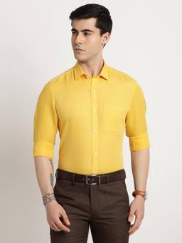 Turtle - Men Cotton Linen Slim Fit Solid Lemon Yellow Formal Shirt