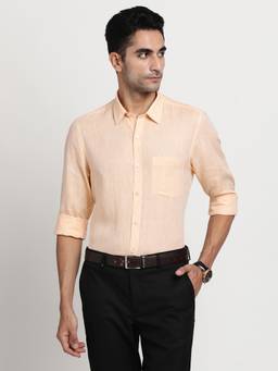 Turtle - Men Pure Linen Slim Fit Solid Peach Formal Shirt