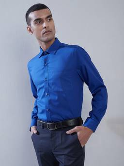 Turtle - Men Pure Cotton Slim Fit Self Design Indigo Teal Formal Shirt