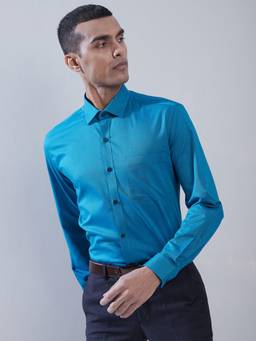 Turtle - Men Pure Cotton Slim Fit Self Design Teal Blue Formal Shirt