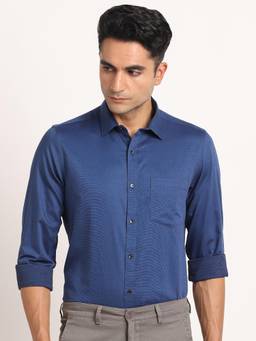 Turtle - Men Pure Cotton Slim Fit Self Design Navy Blue Formal Shirt