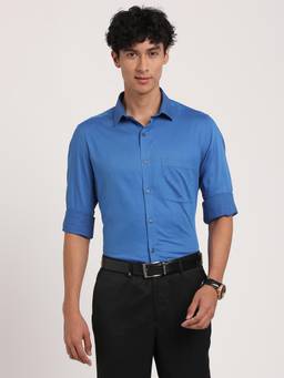 Turtle - Men Giza Cotton Slim Fit Self Design Blue Formal Shirt