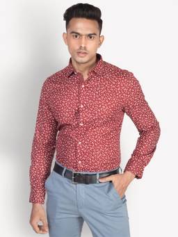 Turtle - Men Pure Cotton Slim Fit Printed Red Formal Shirt