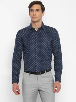 Turtle - Men Cotton Linen Slim Fit Printed Blue Formal Shirt