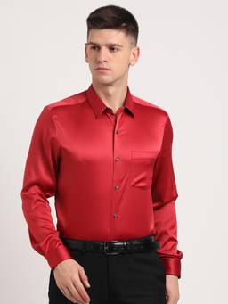 Turtle - Men Poly Satin Slim Fit Solid Red Party Shirt